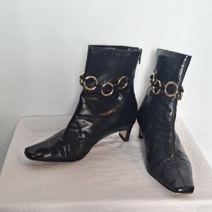 Fresco By Pierre Elegant Black Ankle Boots with Gold Accents Size 7W